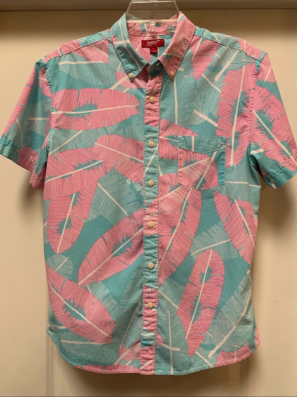 Arizona Jean Company Pink & Aqua Feather-Print Short-Sleeve Button-Down